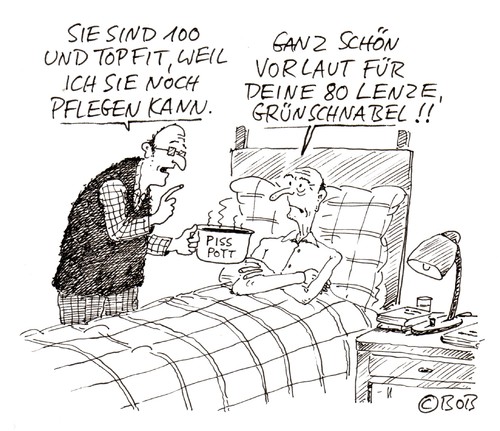 Cartoon: 80 pflegt 100 (medium) by Christian BOB Born tagged jung,alt,pflege,notstand,zukunft,jung,alt,pflege,notstand,zukunft,pflegeheim,heim,alter,opa,senioren,rentner,renteempfänger,topf,fit,respekt,generationen,pfleger