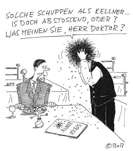 Cartoon: Abstoßend (medium) by Christian BOB Born tagged haare,schuppen,kellner,haare,hygiene,pflege,körperpflege,schuppen,krankheit,kellner,ober,restaurant,gastronomie,appetit,abstoßend,gast,essen,gesundheit,leiden,kopfhaut