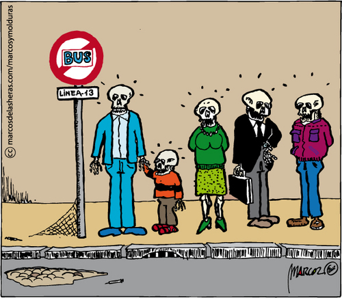 Cartoon: Bus stop (medium) by marcosymolduras tagged bus,stop,marcosymolduras