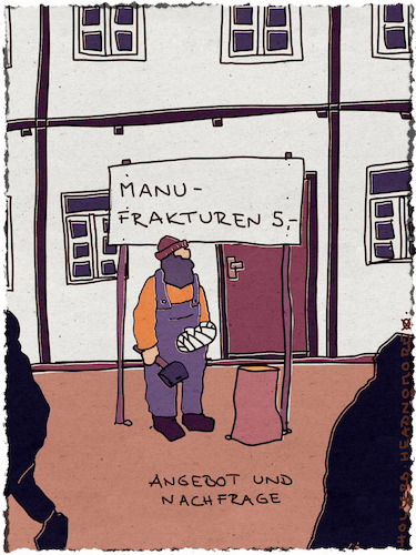 Cartoon: Angebot (medium) by hollers tagged angebot,nachfrage,fraktur,manufaktur,bruch,hammer,verletzung,angebot,nachfrage,fraktur,manufaktur,bruch,hammer,verletzung