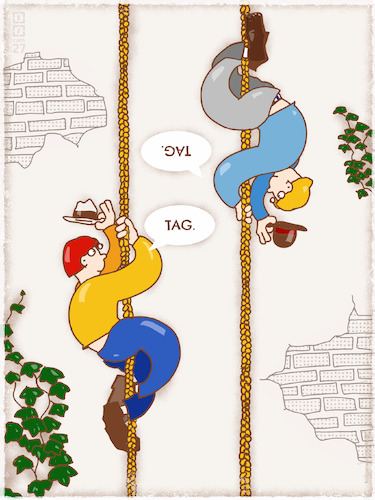 Cartoon: Begegnung am Rapunzelpaternoster (medium) by hollers tagged rapunzel,turm,paternoster,haare,zöpfe,tag,klettern,rapunzel,turm,paternoster,haare,zöpfe,tag,klettern