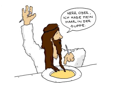 Cartoon: Haar in der Suppe (medium) by hollers tagged hair,soup,jesus,haar,suppe,jesus,jesus christus,religion,bibel,gott,glaube,suppe,restaurant,christus