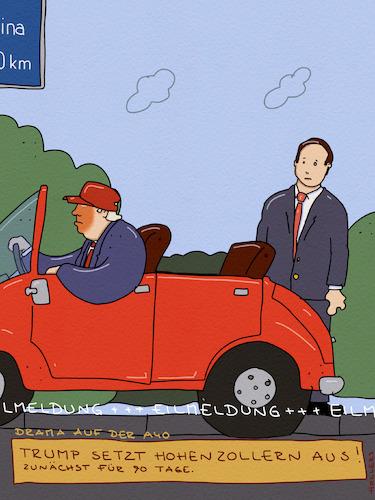 Cartoon: Hohenzollern (medium) by hollers tagged trump,zoll,china,aussetzen,autobahn,hohenzollern,urlaub,auto,trump,zoll,china,aussetzen,autobahn,hohenzollern,urlaub,auto
