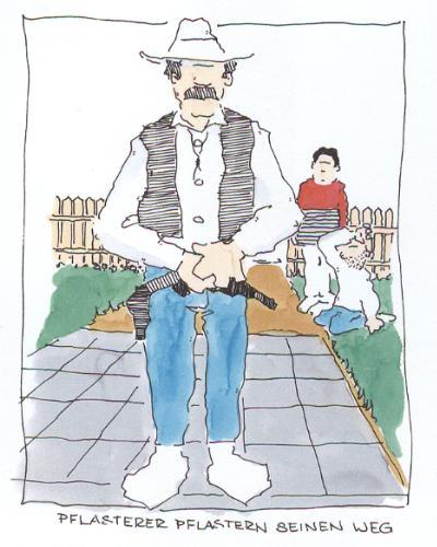 Cartoon: Pflasterer pflastern meinen Weg (medium) by hollers tagged pflasterer,weg,pflastern,weg,strecke,garten,wohnen,familie,cowboy,wilder,westen,zement,zementieren,bauen,handwerker,schutz,straße,vater,eltern,kinder