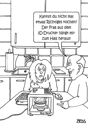 Cartoon: 3D-Drucker-Fraß (medium) by besscartoon tagged man,frau,paar,beziehung,essen,fraß,3d,drucker,bess,besscartoon