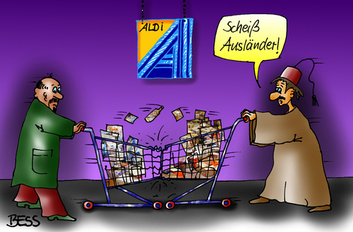 Cartoon: Aldi-Talk (medium) by besscartoon tagged einkaufswagen,männer,rassismus,einkaufen,supermarkt,ausländer,migranten,scheiß,diskriminierung,bess,besscartoon