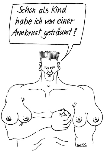 Cartoon: Armbrust (medium) by besscartoon tagged mann,bodybuilder,traum,armbrust,brust,wünsche,stärke,bess,besscartoon