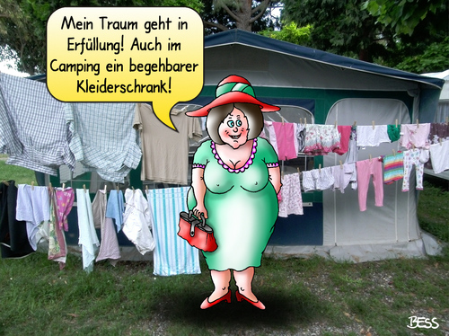 Cartoon: begehbarer Kleiderschrank (medium) by besscartoon tagged frau,kleider,klamotten,leine,wäsche,wäscheleine,zelt,camping,unrlaub,ferien,kleiderschrank,begehbar,bess,besscartoon