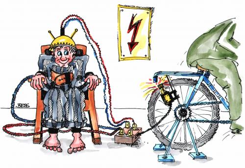 Cartoon: Elektrischer Stuhl (medium) by besscartoon tagged elektrizität,knast,todesstafe,gefängnis,sträfling,mann,gewalt,bess,besscartoon,fahrrad