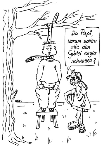 Cartoon: Den Gürtel enger schnallen (medium) by besscartoon tagged vater,sohn,tod,sterben,gürtel,suizid,sparen,geld,bess,besscartoon