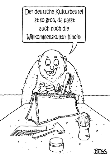 Cartoon: Deutscher Kulturbeutel (medium) by besscartoon tagged deutsch,kultur,kulturbeutel,willkommenskultur,asyl,asylanten,syrien,politik,bess,besscartoon