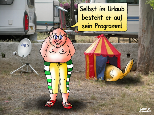 Cartoon: dog TV (medium) by besscartoon tagged besscartoon,bess,zelt,mann,satanlage,tv,fernsehen,programm,dog,freizeit,hund,ferien,urlaub,camping