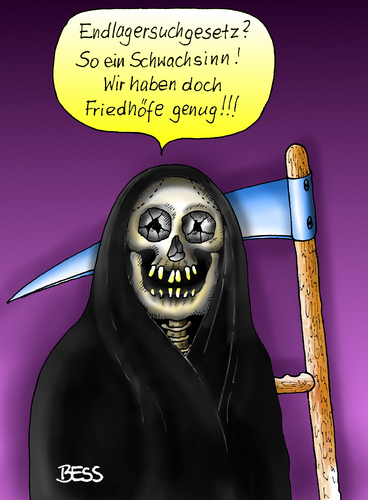 Cartoon: Endlagersuchgesetz (medium) by besscartoon tagged atom,atommüll,endlager,altmaier,suche,atomkraft,gorleben,strahlung,sensenmann,tod,sterben,sense,friedhof,umweltminister,umweltpolitik,bess,besscartoon