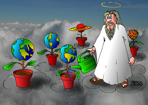 Cartoon: Ersatzteillager (medium) by besscartoon tagged himmel,wolken,erde,planeten,gott,umwelt,umweltverschmutzung,giesskanne,ersatzteile,bess,besscartoon