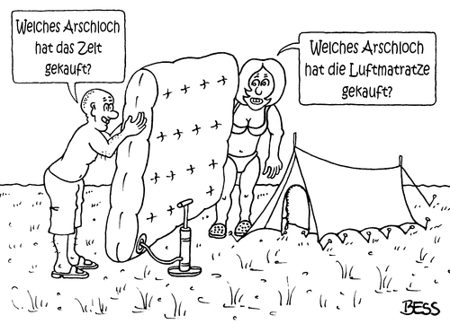 Cartoon: Fehlkauf (medium) by besscartoon tagged man,frau,paar,beziehung,urlaub,ferien,camping,zelt,luftmatratze,bess,besscartoon