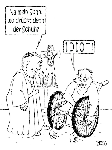 Cartoon: Feingefühl (medium) by besscartoon tagged pfarrer,schuh,amputiert,christentum,religion,kirche,katholisch,evangelisch,jesus,kreuz,inri,idiot,bess,besscartoon