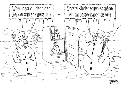 Cartoon: Fürsorge (medium) by besscartoon tagged winter,schnee,frost,schneemann,kinder,gefrierschrank,zukunft,perspektive,überleben,bess,besscartoon