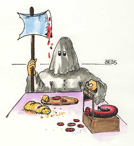 Cartoon: Henkers Mahlzeit (medium) by besscartoon tagged besscartoon,bess,mann,beil,hinrichtung,essen,salami,henker