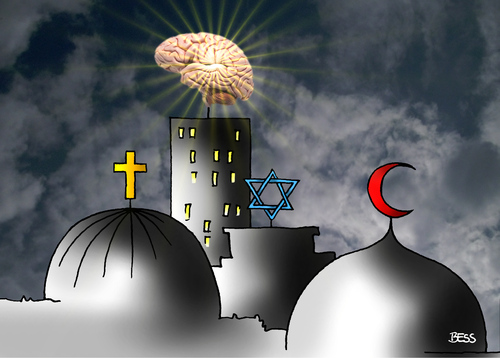 Cartoon: Hirn siegt (medium) by besscartoon tagged besscartoon,bess,himmel,religion,hirnlos,hirn,moschee,kirche,judentum,islam,christentum