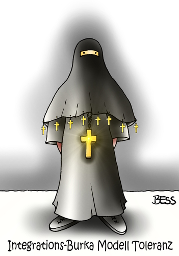 Cartoon: Integrations-Burka (medium) by besscartoon tagged kreuz,toleranz,christentum,katholisch,evangelisch,deutschland,frau,burka,islam,integration,flüchtlinge,religion,bess,besscartoon