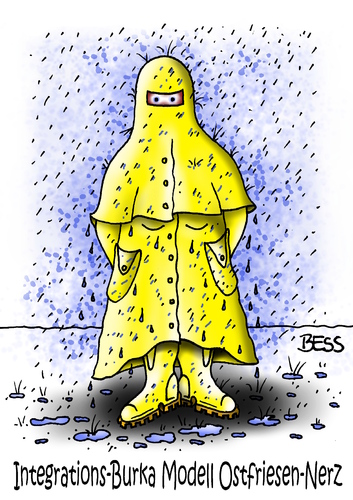 Cartoon: Integrations-Burka (medium) by besscartoon tagged ostfriesennerz,ostfriesen,regen,frau,burka,islam,integration,flüchtlinge,religion,bess,besscartoon