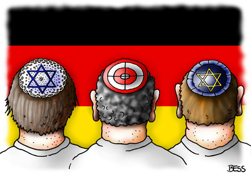 Cartoon: Judentum in Deutschland (medium) by besscartoon tagged kippa,judentum,antisemitismus,diskriminierung,deutschland,berlin,islam,jude,gesellschaft,glauben,religion,politik,angst,toleranz,bess,besscartoon