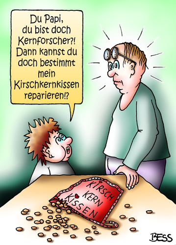 Cartoon: Kernforscher (medium) by besscartoon tagged vater,sohn,kind,papi,kernforscher,kirschkern,kirschkernkissen,reparieren,bess,besscartoon