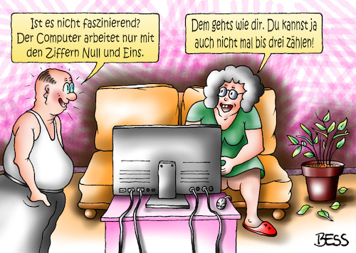 Cartoon: Kompliment (medium) by besscartoon tagged digitalisierung,computer,eins,null,zählen,technik,internet,paar,beziehung,ehe,bess,besscartoon