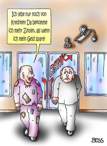 Cartoon: leben auf Kredit (medium) by besscartoon tagged männer,bank,geld,kredit,zinsen,sparen,bess,besscartoon