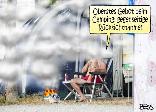 Cartoon: Oberstes Gebot (medium) by besscartoon tagged camping,rücksicht,rücksichtnahme,grillen,wolken,wohnwagen,caravan,urlaub,ferien,männer,bess,besscartoon