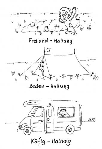 Cartoon: Frage der Haltung (medium) by besscartoon tagged schlafsack,wohnmobil,zelt,urlaub,besscartoon,bess,freizeit,käfighaltung,bodenhaltung,camping