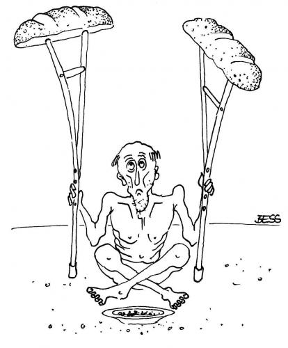 Cartoon: ohne Titel (medium) by besscartoon tagged besscartoon,bess,welt,reich,arm,krücken,brot,hunger,armut,mann,dritte