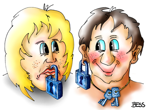 Cartoon: Partner Piercing (medium) by besscartoon tagged mann,frau,paar,beziehung,vorhängeschloss,schlüssel,maulkorb,piercing,bess,besscartoon