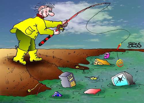 Cartoon: Petri Heil (medium) by besscartoon tagged besscartoon,bess,computerschrott,umweltverschmutzung,computer,umweltzerstörung,meer,technik,angeln,angler
