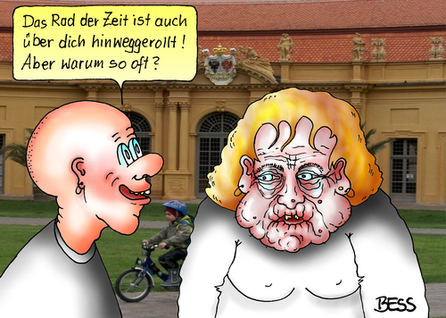 Cartoon: Rad der Zeit (medium) by besscartoon tagged mann,frau,beziehung,ehe,alter,paar,rad,zeit,bess,besscartoon