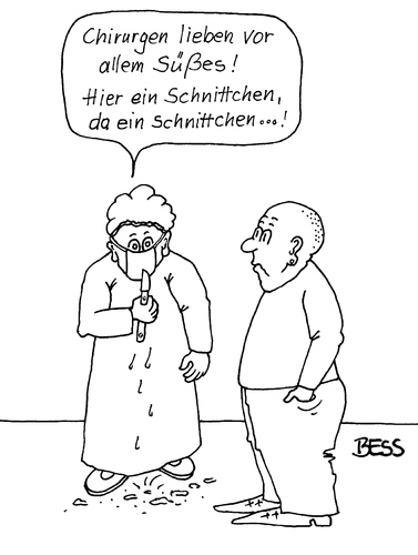 Cartoon: Schnittchen hier und da (medium) by besscartoon tagged männer,arzt,chirurge,chirurgie,skalpell,süßes,süßigkeiten,schnittchen,bess,besscartoon