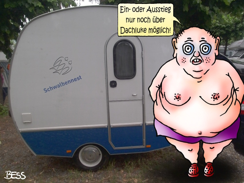 Cartoon: Knaus Schwalbennest (medium) by besscartoon tagged besscartoon,bess,knaus,fett,schwalbennest,wohnwagen,antik,dachluke,oldtimer,mann,luxus,ferien,urlaub,camping