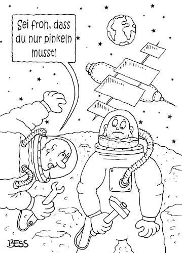 Cartoon: so ein Glück (medium) by besscartoon tagged raumfahrt,mond,erde,astronaut,kosmonaut,pinkeln,iss,technik,bess,besscartoon