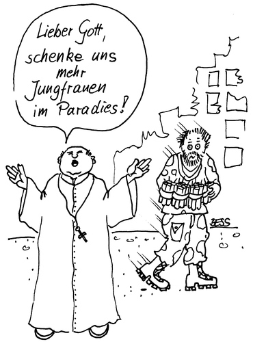 Cartoon: Stossgebet (medium) by besscartoon tagged religion,kirche,islam,katholisch,pfarrer,jungfrau,terrorismus,bess,besscartoon