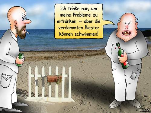 Cartoon: verdammte Biester (medium) by besscartoon tagged männer,trinken,saufen,alkohol,probleme,biester,meer,strand,schwimmen,bess,besscartoon