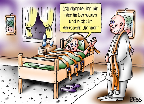 Cartoon: vertäutes Wohnen (medium) by besscartoon tagged alter,alt,pflege,altenheim,krankenkasse,pfleger,betreutes,wohnen,vertäut,bess,besscartoon