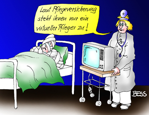 Cartoon: virtueller Pfleger (medium) by besscartoon tagged arzt,patient,krank,krankenhaus,pflege,pflegeversicherung,doktor,krankenversicherung,schwester,krankenschwester,fernseher,sparmaßnahmen,virtuell,bess,besscartoon