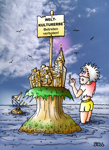 Cartoon: Weltkulturerbe (medium) by besscartoon tagged insel,meer,kirche,kreuz,weltkulturerbe,betreten,verboten,ruine,mann,bess,besscartoon