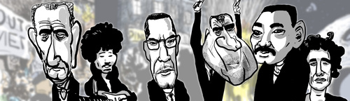 Cartoon: late 60s Tableau (medium) by Dunlap-Shohl tagged lbj,malcolmn,nixon,dr,martin,luther,king,abbie,hopffman