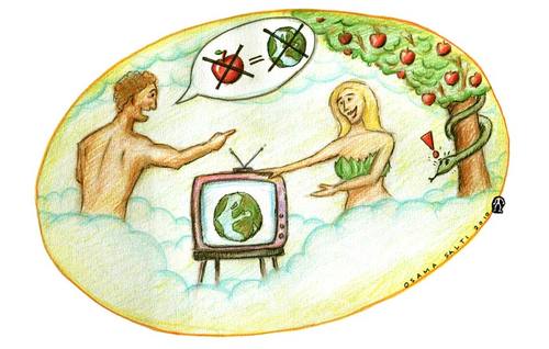 Cartoon: Media - Adam and Eve (medium) by Osama Salti tagged 2010,media,adam,eve,tv,apple,heaven,earth,snake,tree,clouds,think,new,idea,human,television,influence
