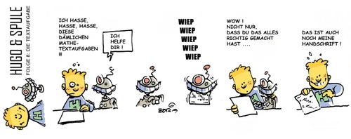 Cartoon: Hugo und Spule Folge 8 (medium) by atzecomic tagged hugo,spule,roboter,schütz,atzecomic,textaufgabe