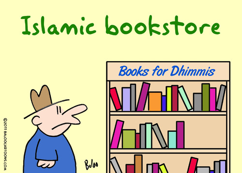 Cartoon: dhimmis book store muslim (medium) by rmay tagged dhimmis,book,store,muslim