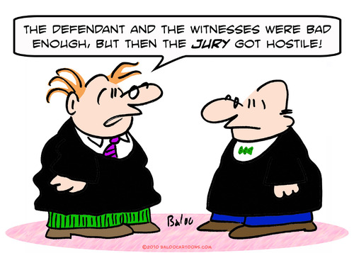 Cartoon: hostile jury judge witnesses (medium) by rmay tagged hostile,jury,judge,witnesses